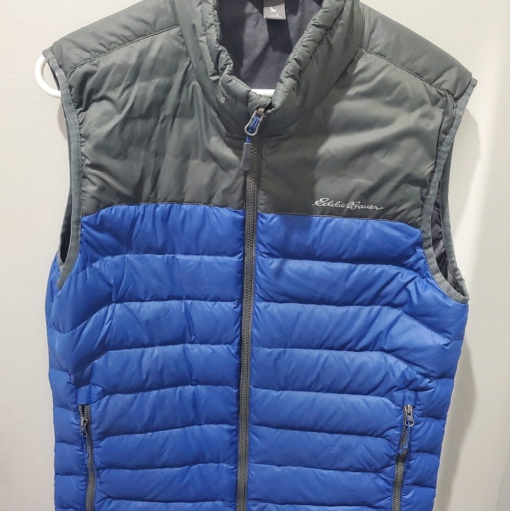 Eddie Bauer Mens Puffer Vest Size S Blue Gray Color Block Down Full Zip Pockets